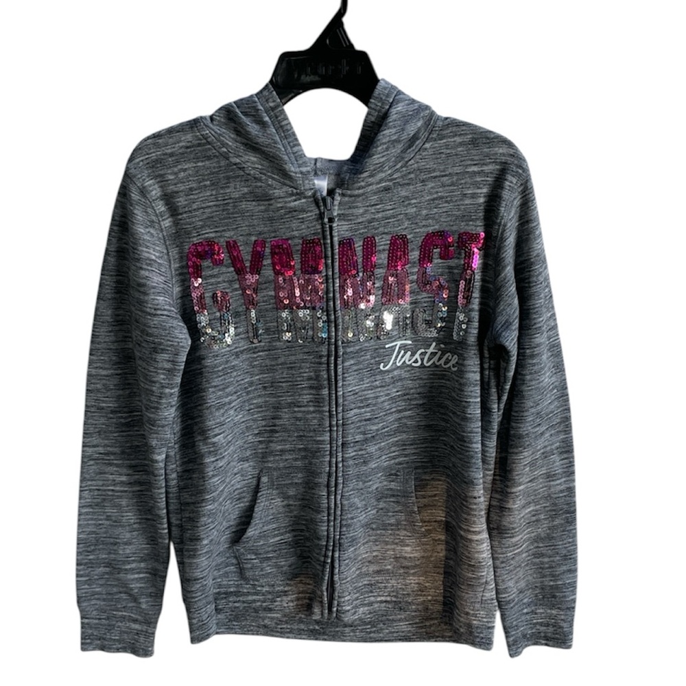 JUSTICE GIRLS SEQUIN GYMNAST ZIP UP LONG SLEEVE HOODIE JACKET POCKETS SIZE 12/14